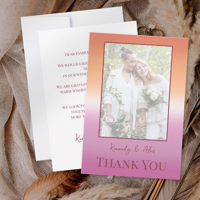 Lesbian Wedding Photo Pride Flag Gradient Thank You Card (Creator Uploaded)