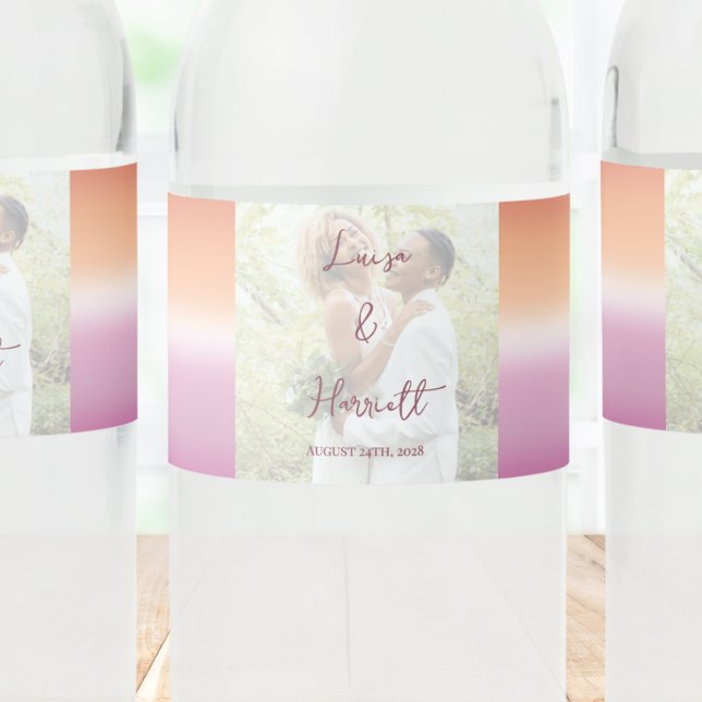 Lesbian Wedding Photo Pride Flag Gradient  Water Bottle Label (Creator Uploaded)