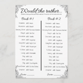 Lesbian Wedding Shower Game, Would She Rather,  Invitation
