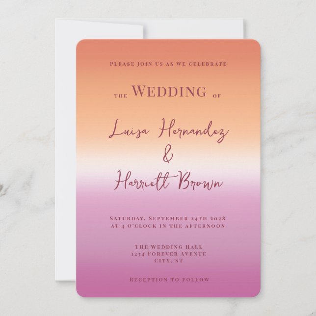 Lesbian Wedding Two Brides Pride Flag Gradient Invitation (Front)