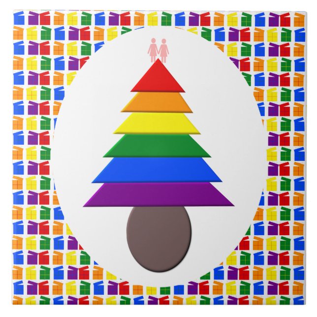 Lesbians Rainbow Christmas Tree and Presents Ceramic Tile (Front)