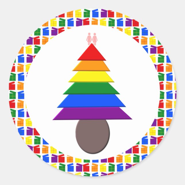 Lesbians Rainbow Christmas Tree and Presents Classic Round Sticker (Front)