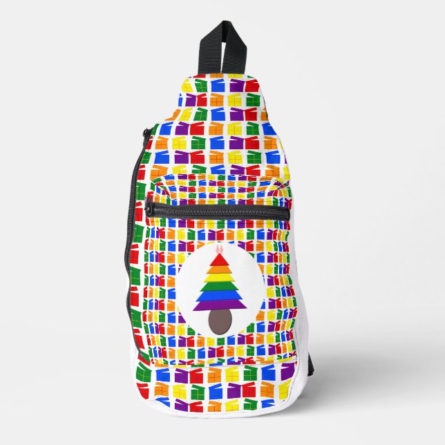 Lesbians Rainbow Christmas Tree and Presents Sling Bag (Front)