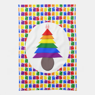 Lesbians Rainbow Christmas Tree and Presents Tea Towel