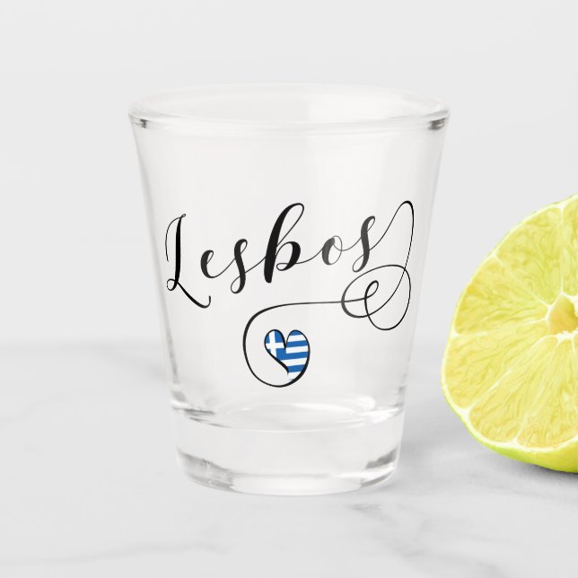 Lesbos, Greek Heart In Flag, Greece Shot Glass (Front)
