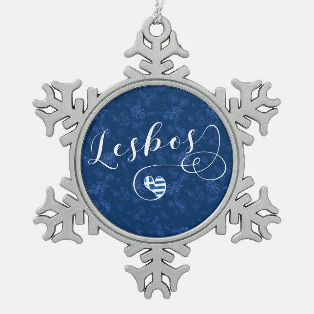 Lesbos, Greek Heart In Flag, Greece Snowflake Pewter Christmas Ornament (Front)