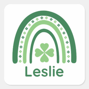 Leslie Name Clover Boho Rainbow Square Sticker
