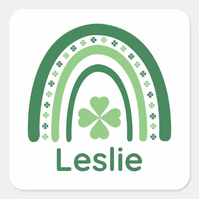 Leslie Name Clover Boho Rainbow Square Sticker (Front)