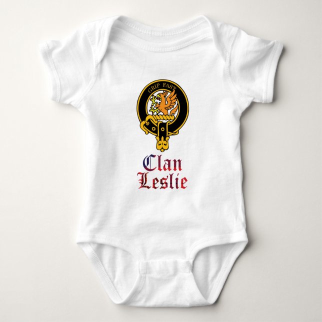 Leslie scottish crest and tartan clan name baby bodysuit (Front)