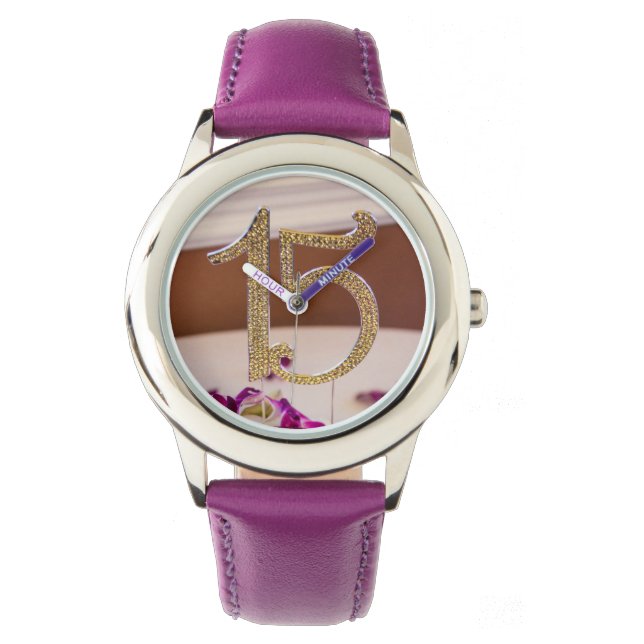 Leslie's Quinceanera Stainless Steel Purple Watch (Front)