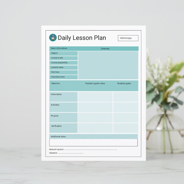 Lesson Planner Printable Template (Standing Front)