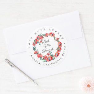 Lest We Forget   Poppy Wreath Return Address Classic Round Sticker