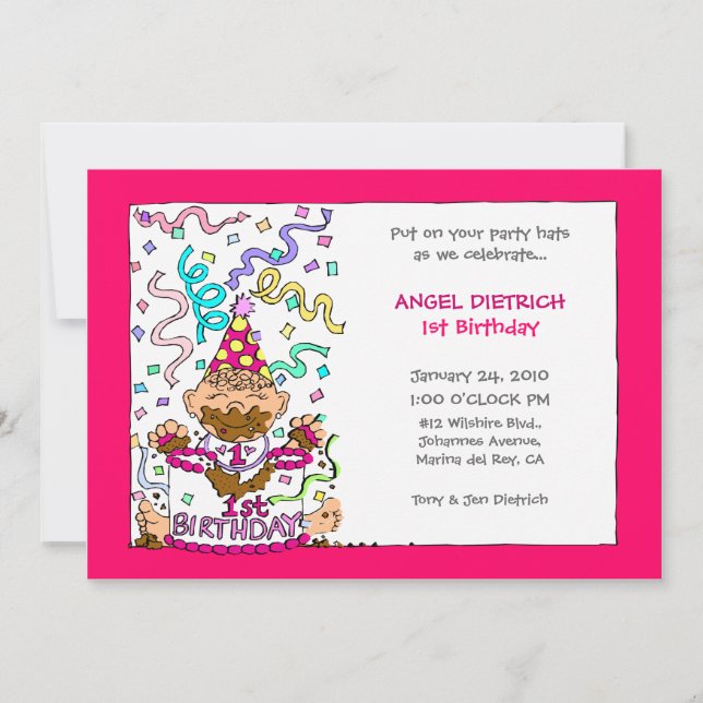 Let 'Em Eat Cake - 1st Birthday for Baby Girl Invitation (Front)