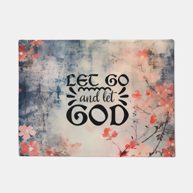 Let Go and Let God Coral Blue Floral Art Christian Doormat (Front)