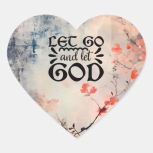 Let Go and Let God Coral Blue Floral Art Christian Heart Sticker