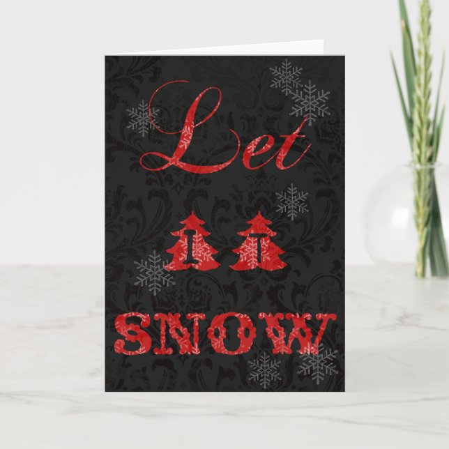Let It Snow Black Damask Christmas Card. Holiday Card (Front)
