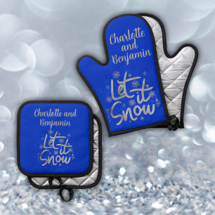Let it Snow Blue and Silver Christmas   Oven Mitt & Pot Holder Set