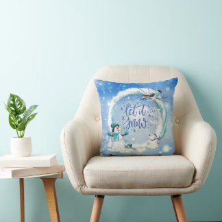 Let It Snow Blue Merry Christmas Snowman Blue Bird Cushion
