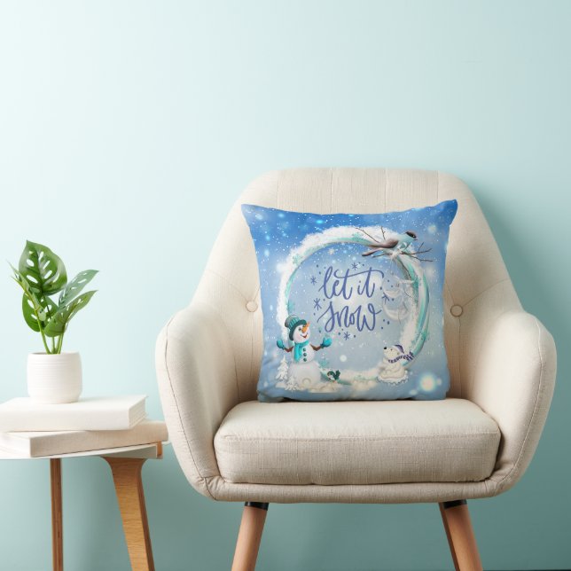 Let It Snow Blue Merry Christmas Snowman Blue Bird Cushion (Chair)
