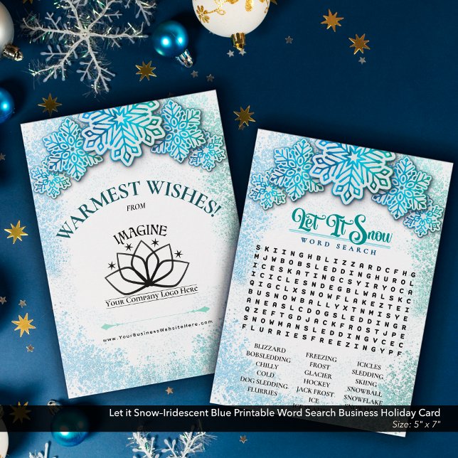 Let it Snow–Blue Printable Business Word Search Holiday Card (Let it Snow–Iridescent Cool Blue Printable Holiday Word Search–Business Promotional Piece.)