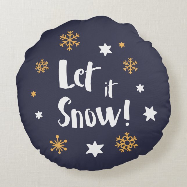 "Let it Snow!"  Calligraphy Christmas Blue Round Cushion (Back)