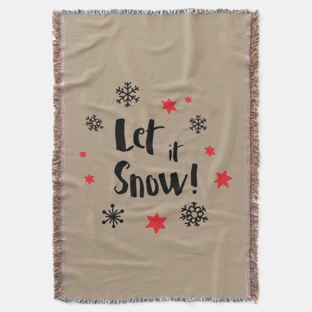 "Let it Snow!"  Calligraphy Christmas Taupe Throw Blanket (Front Vertical)