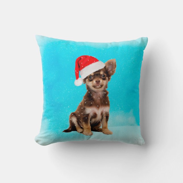 Let it Snow Christmas Chihuahua Dog Wearing Hat Cushion (Front)