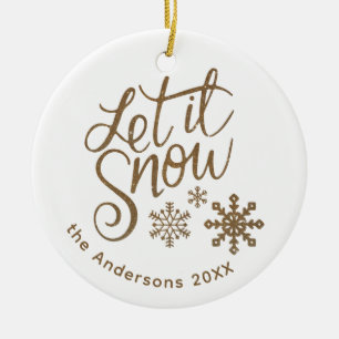 "Let it Snow" Christmas Gold Glitter Photo Ceramic Ornament
