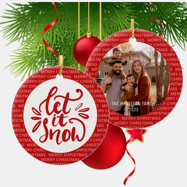 Let It Snow Christmas Script Family Photo Red Ceramic Ornament (Creator Uploaded)