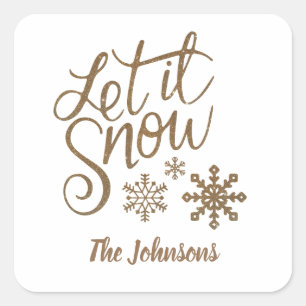 Let it Snow Christmas White Gold Square Sticker