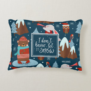 Let it Snow Cute Animal Pattern with Name Blue Decorative Cushion