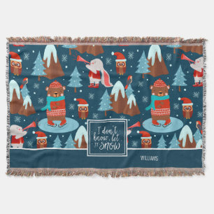 Let it Snow Cute Animal Pattern with Name Blue Throw Blanket