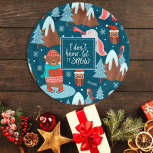 Let it Snow Cute Animal with Name Blue Christmas Paper Plate