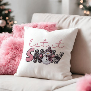 Let It Snow   Cute Pink Snowman Christmas Cushion