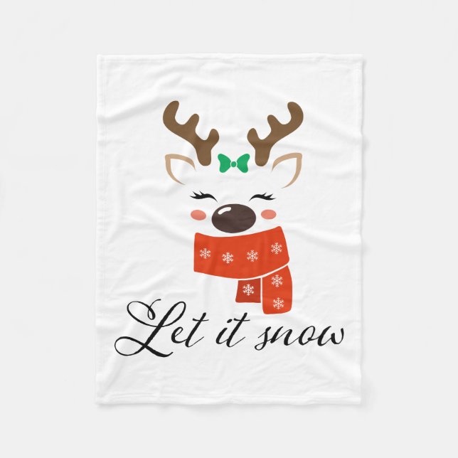Let It Snow Cute Reindeer Fleece Blanket (Front)