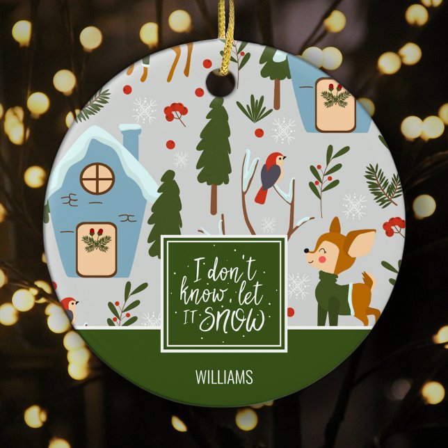 Let it Snow Cute Reindeer Name Green Christmas Ceramic Ornament (Creator Uploaded)