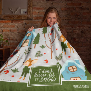 Let it Snow Cute Reindeer Pattern with Name Green Fleece Blanket