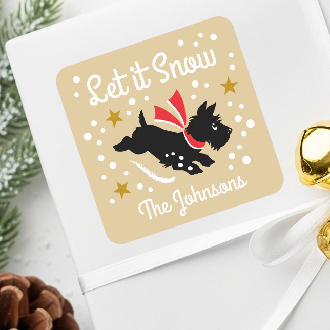 Let it Snow Cute Scottie Dog Christmas Name Gold Square Sticker (Creator Uploaded)