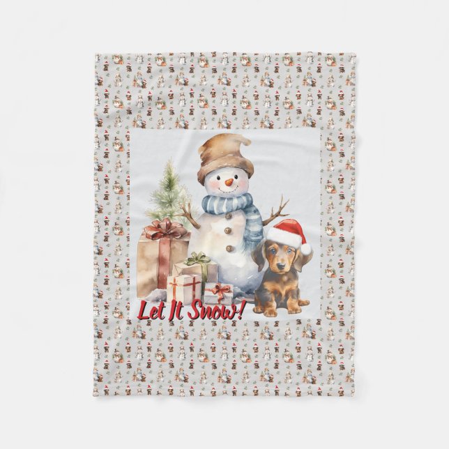 Let it Snow Dachshund & Snowman Fleece Blanket (Front)