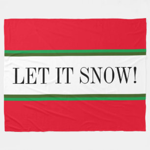 LET IT SNOW Festive Bright Red White Green Stripes Fleece Blanket