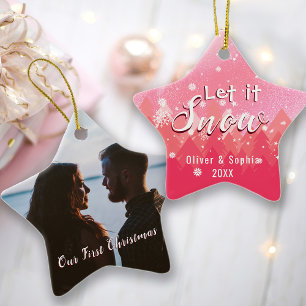 Let it Snow First Christmas Photo Pink Ceramic Ornament