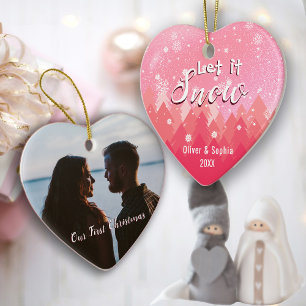 Let it Snow First Christmas Photo Pink Ceramic Ornament