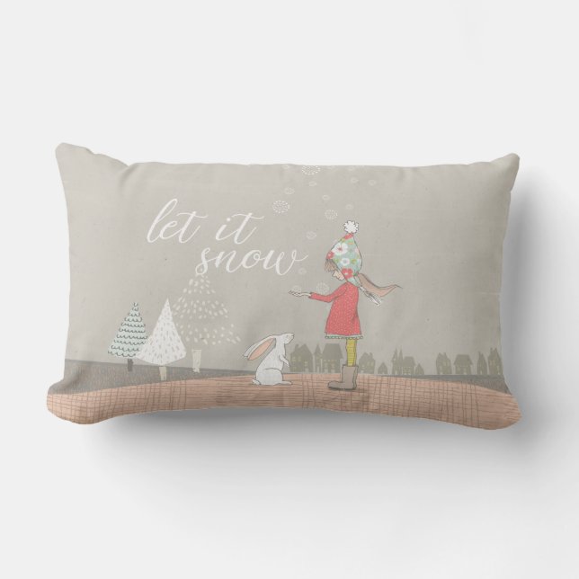 Let it Snow Girl and Bunny Lumbar Cushion (Front)