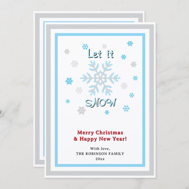 Let It Snow Gray Blue Snowflakes Red INSERT PHOTO Holiday Card (Front/Back)
