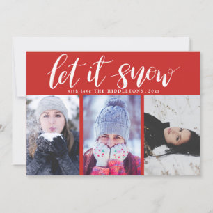 Let It Snow Handwritten Red Three Photo Holiday Card
