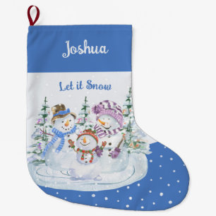 Let it Snow Happy Snowman Family Blue  Large Christmas Stocking