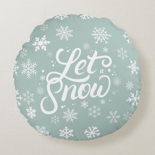 Let It Snow Mint Green White Snowflakes Holiday Round Cushion (Front)