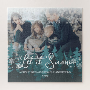 Let It Snow Modern Teal Green Trees Family Photo Jigsaw Puzzle