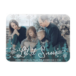Let It Snow   Modern Teal Green Trees Family Photo Magnet