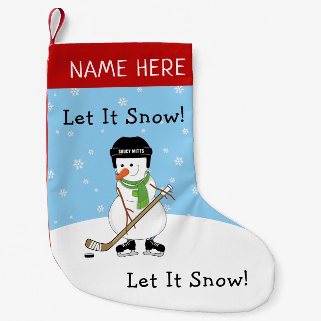 Let it Snow Personalised Hockey Snowman Small Christmas Stocking (Front)